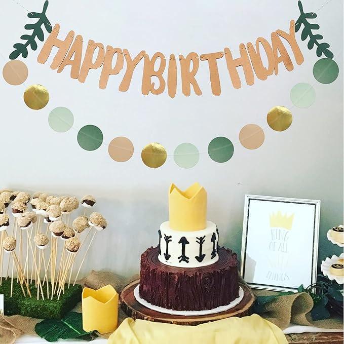 Zwiebeco Dark Green Gold Happy Birthday Party Decoration Brown Banner Bunting Circle Dots Garland Hanging Paper Kit for Kids Adults Forest Wild One Safari Theme Accessories Supplies