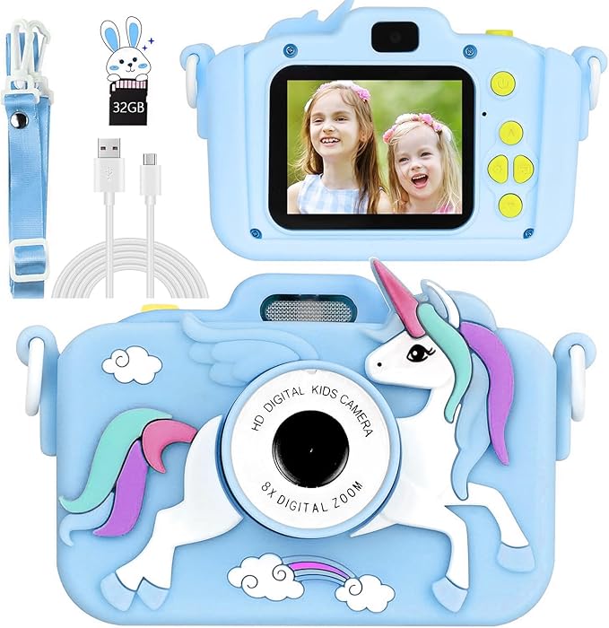 Unicorn Camera for Kids - Toddler Digital Selfie Camera with Silicone Cover, Flash and 32GB SD Card - Children Toy HD Video Kids Camera for Girls and Boys 3-12 Years Old - Blue