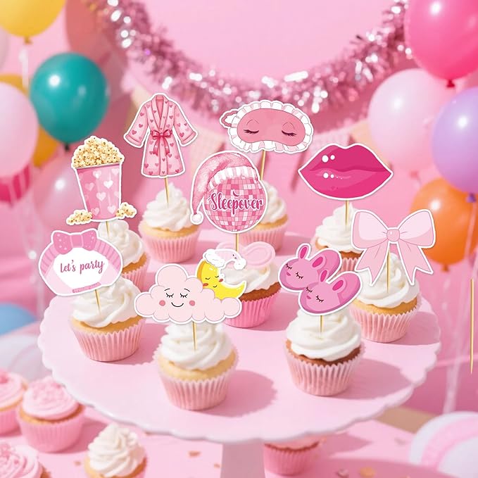 36 Pcs Sleepover Cupcake Toppers Slumber Party Cake Decorations Hot Pink Pajama Slumber Party Decorations Cupcake Toppers for Girls Ladies Night