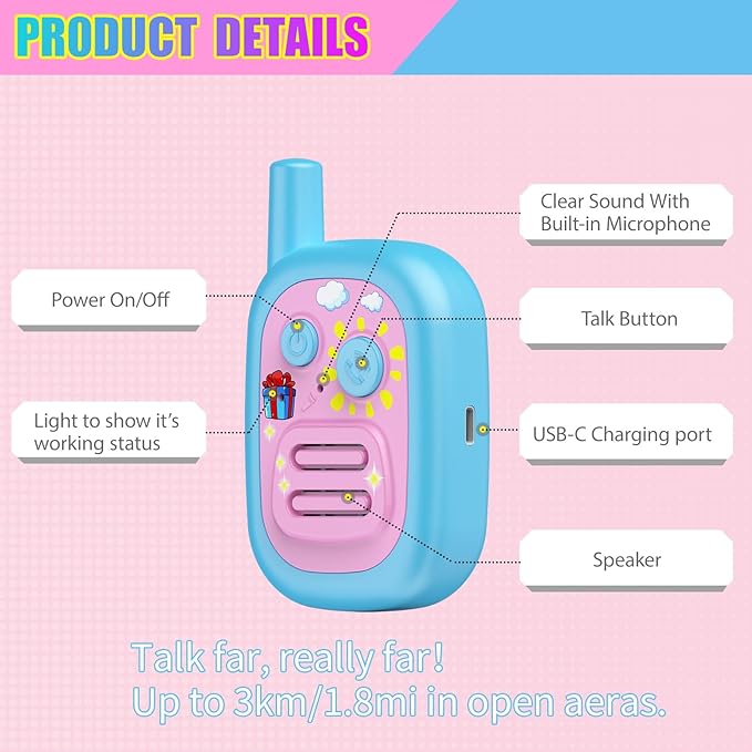 Walkie Talkies for Kids 2 Pack Rechargeable with 3 Miles Long Range, Toddler Walkies Talkies Pink Bule Toys Birthday for 3-8 Years Old Boys Girls for Outdoor Games Camping Hiking