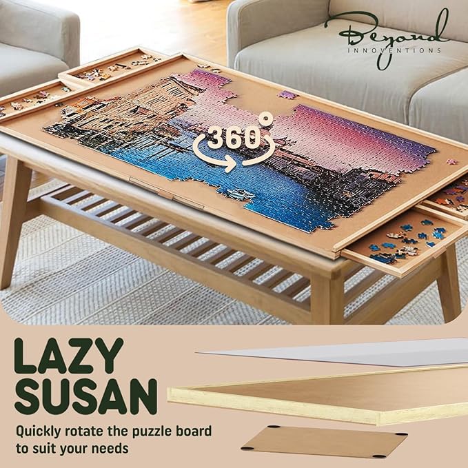 1500 Piece Wooden Jigsaw Puzzle Board - 6 Drawers, Preassembled Rotating Puzzle Table | 35” X 28” Jigsaw Puzzle Board | Puzzle Cover Included - Portable Tables for Adults and Kids