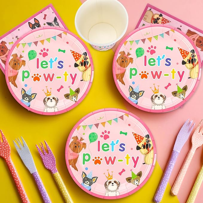 96pcs Dog Birthday Party Supplies Pink Pet Dog Paper and Napkins and Cups Baby Shower Dog Kids Birthday Party Decorations, Serves 24