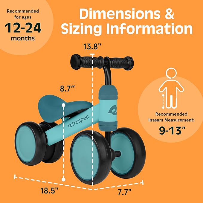 Retrospec Cricket Baby Balance Bike, 4-Wheel Ride-On Toy for Ages 12-24 Months – First Bike & Toddler Bike for 1 Year Old Boys & Girls, First Birthday Gift