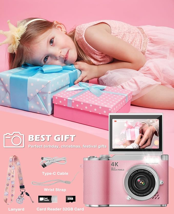 Kids Camera,4K Digital Camera for Photography,48MP 1080P HD Video Selfie Camera,with 180° Flip Screen Flash,with 32GB SD Card,for Starter Kid Children Teen Student Girl Boy(Pink)