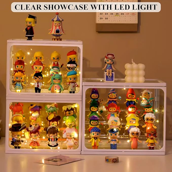 Glass Display Case for Figures with Light 2 Tier Clear Display Stand for Collectibles Stackable Assemble Display Box for Action Figures Toys Dustproof Clear Storage Box Showcase for Pop Mart(1 Pack)