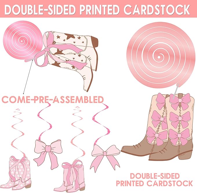 Cowgirl Coquette Hanging Swirls 20PCS Boots and Bows Hanging Decorations Pink Western Cowgirls Party Decorations Cowgirl Boots Hanging Streamers for Coquette Birthday Party Supplies