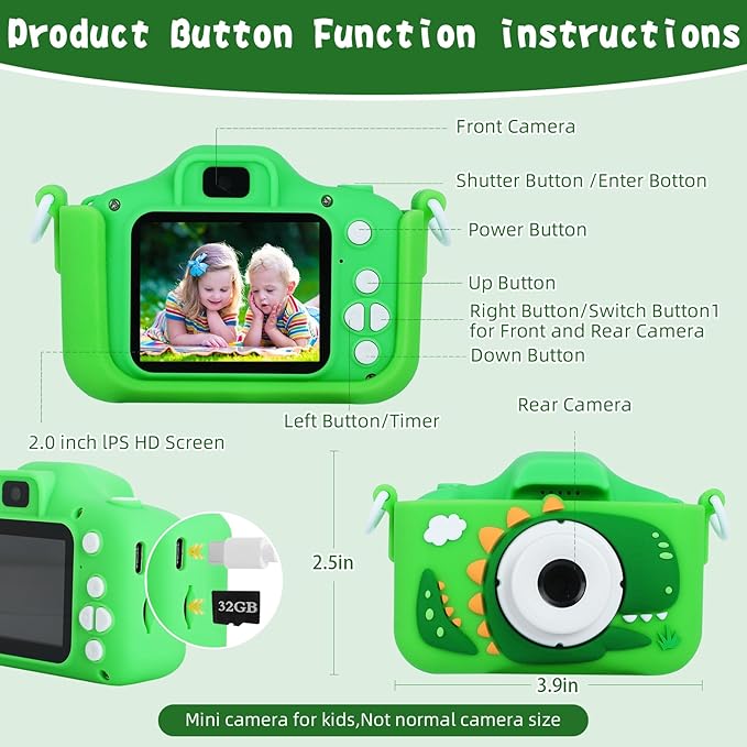 Upgrade Dinosaurs Digital Camera for Kids: Dual Lens Camera Toys for 3-12 Boys Girls - 1080P HD Selfie Digital Video Camera for Children - Christmas Birthday Gifts for 3 4 5 6 7 8 9 Year Old