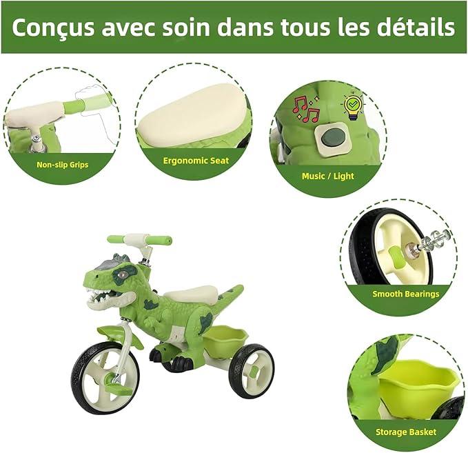 Dinosaur Kids Tricycle for Rider- Toddlers Kid Trike Bike Big Wheel with Music, Storage Basket,Indoor/Outdoor Preschool Daycare Kids Bike,Best Gift for 3-7 Year Old Girls & Boys (Green)