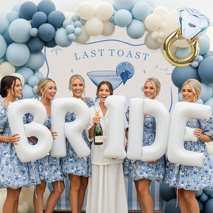 Last Toast on the Coast Bachelorette Decorations Blue bridal shower sand Balloon Garland Kit with Backdrop Huge 40 inch BRIDE letter Diamond Ring balloons for Hen Party Wedding Engagement supplies