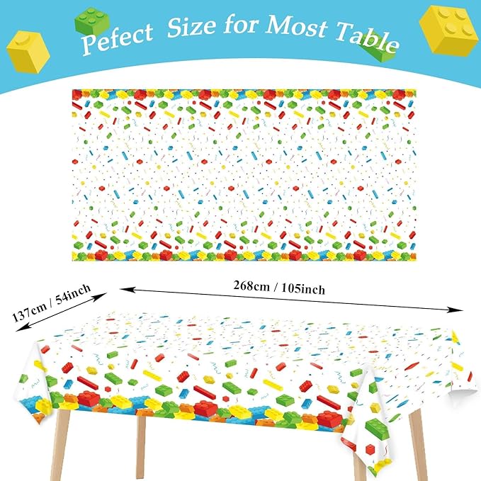 3 Pcs Building Blocks Tablecloth 105 x 54 inches - Building Blocks Theme Party Decorations Disposable Plastic Table Cover for Children Kids Birthday Party Decor Supplies Favors (White)
