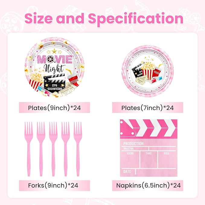 Avezano 96 pcs Movie Night Party Decorations Pink Movie Night Plates and Napkins Disposable Popcorn Theater Birthday Party Supplies Serve 24 Guests