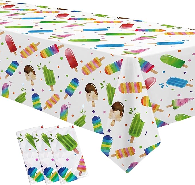 Popsicle Party Tablecloth Decorations - Disposable Ice Cream Popsicle Birthday Party Supplies Tablecover, Summer Popsicle Baby Shower Table Decorations Table Cloths- 3 Pack (54in x 108in)