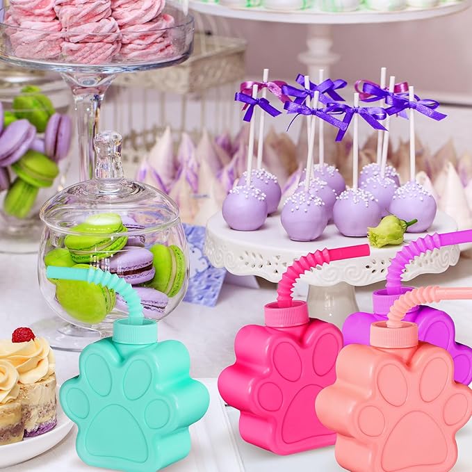 Sratte 24 Pieces 10 oz Dog Paw Cups for with Straw and Lid Dog Theme Birthday party Plastic Puppy Paw Print Drinking Cups for Pet Theme Party Supplies Decorations