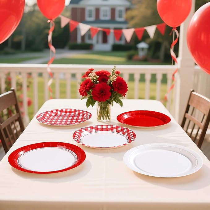 60Pcs Red Gingham Paper Plates 9" Heavy Duty Red and White Checkered Dessert Plate Disposable Plaid Solid Color Gingham Party Supplies for Summer Pizza BBQ Picnic Baby Shower Birthday Party Decoration