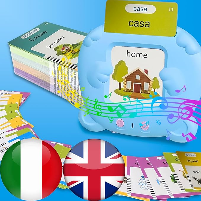 Bilingual English Italian Flash Cards - Talking Flash Cards for Kids, Pocket Speech for Toddlers 3-12, Educational Learning Audible Gift Play Cards Italian, Autism Sensory Toys (Blue)