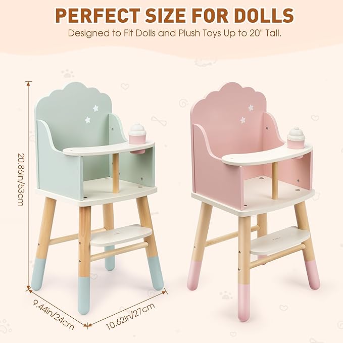 Wooden Baby Doll High Chair, Baby Doll Furniture, Fits Up to 18 inch Dolls, 18 inch Doll Accessories - Green