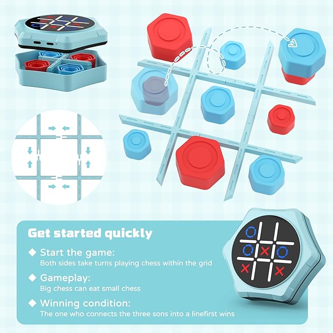 Tic Tac Toe Bolt Game,5-in-1 Handheld Puzzle Games Console,Electronic Tic Tac Toe Game for Educational&Memory,Portable Travel Games for Car Ride with Silent Mode,Toys Gift Idea for Kids & Family-Blue