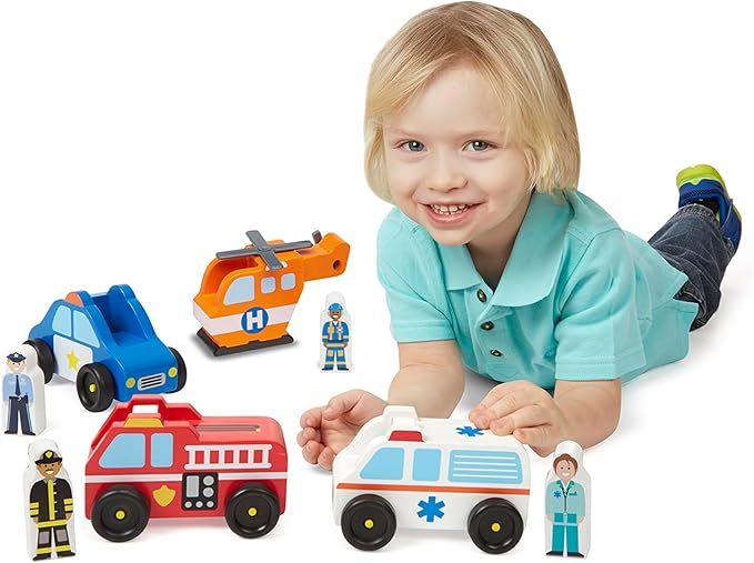 Melissa & Doug Emergency Vehicle Wooden Play Set with 4 Vehicles, 4 Play Figures