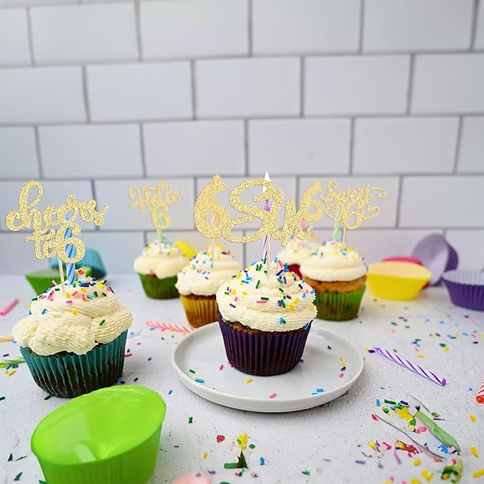 30Pcs 6th Birthday Cupcake Toppers Glitter Six Hello 6 Cupcake Picks Cheers to 6 Years Old Cake Decorations for 6th Birthday Party Supplies Gold