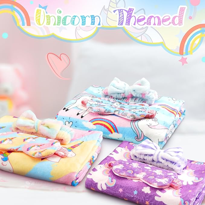 18 Pcs Sleepover Party Supplies for Girls, 6 Style Multicolor Blanket 6 Coral Fleece Spa Headband 6 Eye Mask Cover for Slumber Sleepover Spa Party (Unicorn)