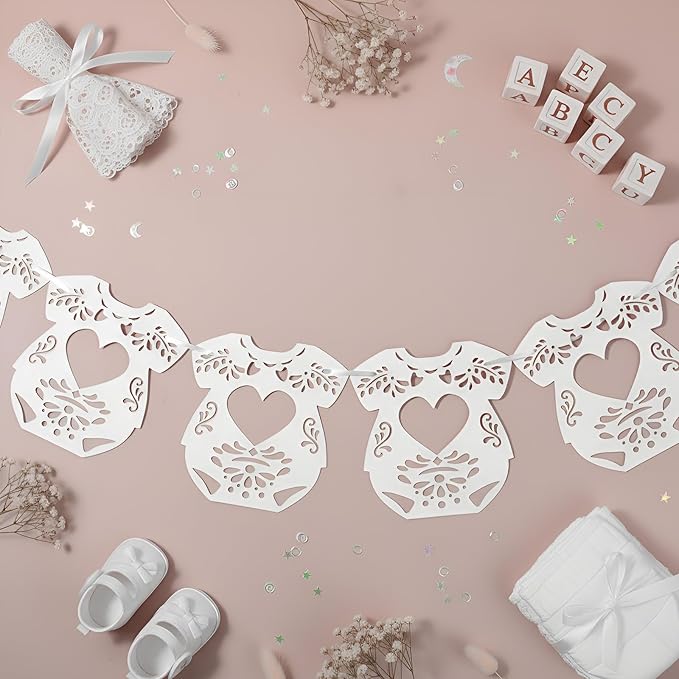 2 Pack Cielito Lindo Papel Picado Baby Shower Banner Decoration, Mexican 24 Pcs Bodysuit Card with Hanging String Fiesta Garland for Gender Baby Shower Party Supplies(Classic Color)