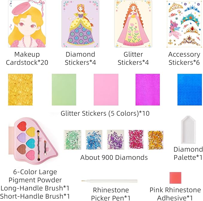 MiDeer 4-in-1 Dress Up Games Set, Princess Art Craft Kits with Makeup Books, Stickers & Diamond Painting, Mess-Free Safe DIY Art Activity, Travel Toys, Ideal Birthday for Girls 4-8+