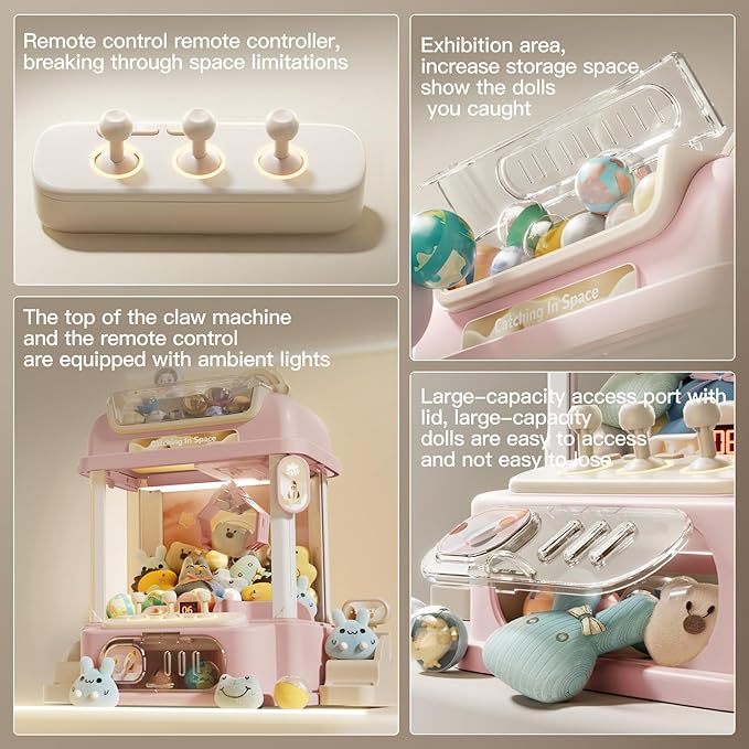 Remote Control Claw Machine for Kids, Mini Vending Machines Candy Grabber Prize Dispenser Toys for Girls, Arcade Game Machine with Light Sounds, Birthday Gifts Toys Age 3 Years (Pink)