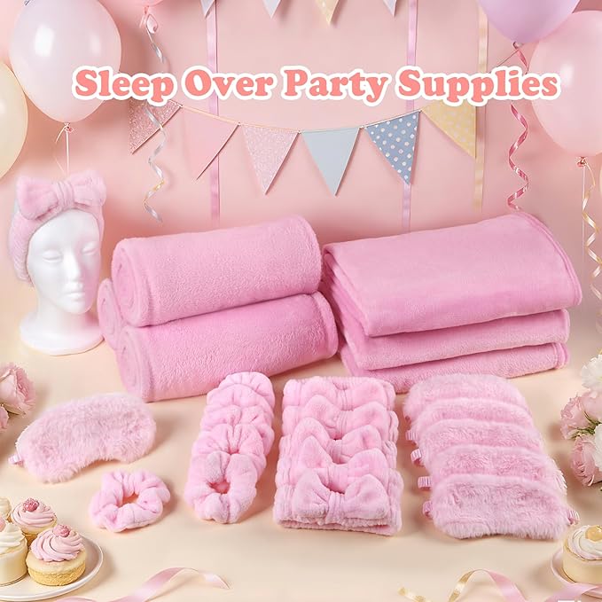 Sleepover Party Supplies for Girls, Spa Slumber Favor with Blanket Headband Eye Mask Hair Scrunchies (Pink 24Pcs)
