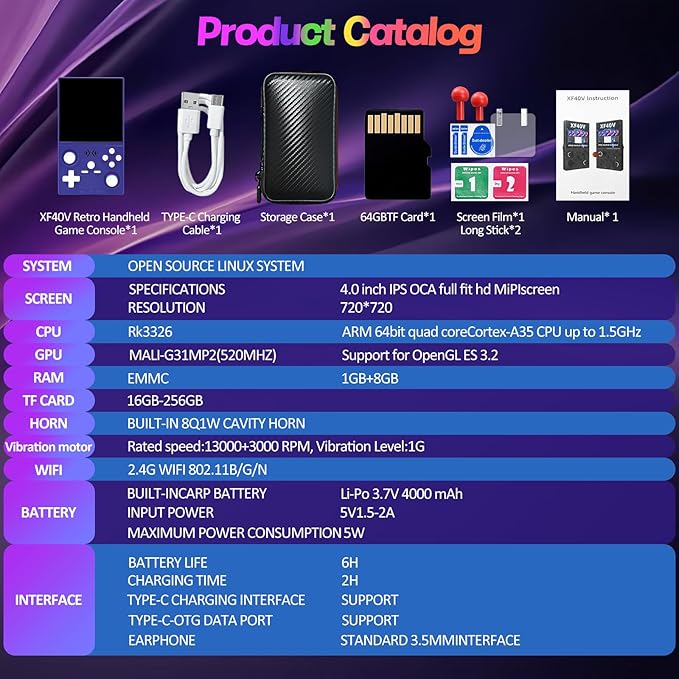 XF40V Retro Handheld Game Console, Retro Gaming Console 4.0'' IPS Screen Linux System Built-in 64G TF Card, Open Source Linux System, Preloaded 20000+ Classic Games, Portable Video Gaming (Purple-64G)