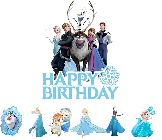 7Pcs Cute Blue Princess Birthday Cake Decorations，1 Large, 6 Small Snow Theme happy Birthday Cake Toppers，For Ice Birthday Party Supplies (E)