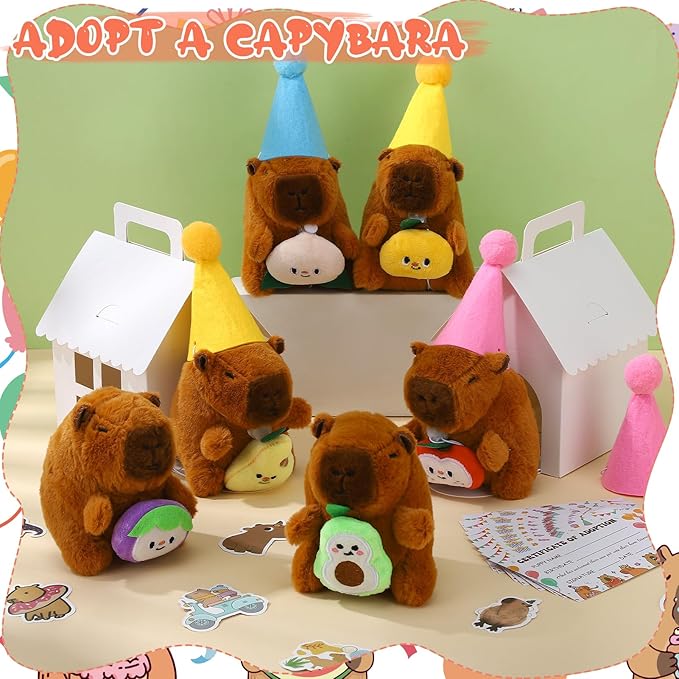 103 Pcs Adopt a Capybara Party Favors Capybara Themed Favors Boxes Include 12 Mini Plush Dolls 12 Boxes 12 Birthday Hats 12 Cards and 55 Stickers for Birthday Party Gifts Decoration