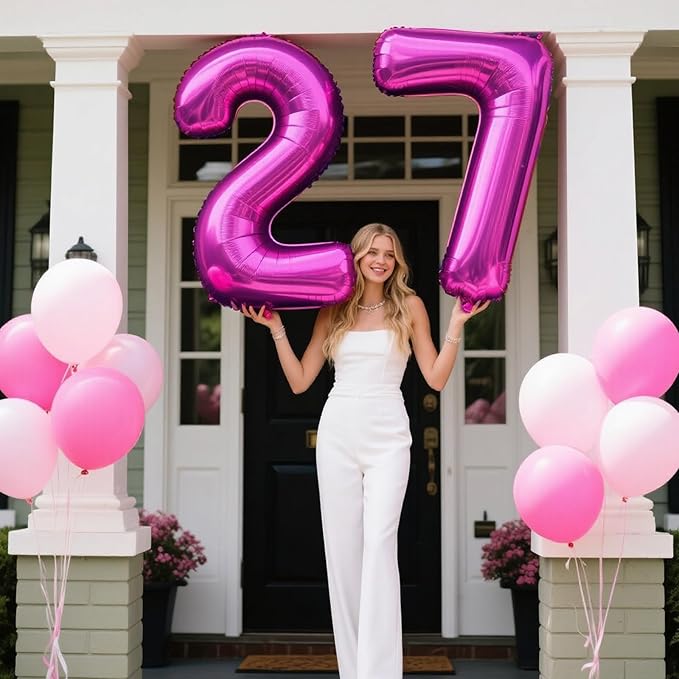 40 Inch Large 27 Balloon Numbers Rose Purple Big Foil Number Balloons Giant Helium Happy Birthday Party Decorations for Man and Women, Huge Mylar Anniversary Party Supplies