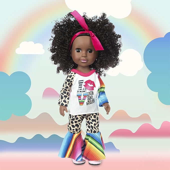 XFEYUE14.5 inch Black Doll and 2 Sets Clothes Accessories, African American Baby Girl Doll Including Glasses, Camera, Bag &Shoes for Kids Girls