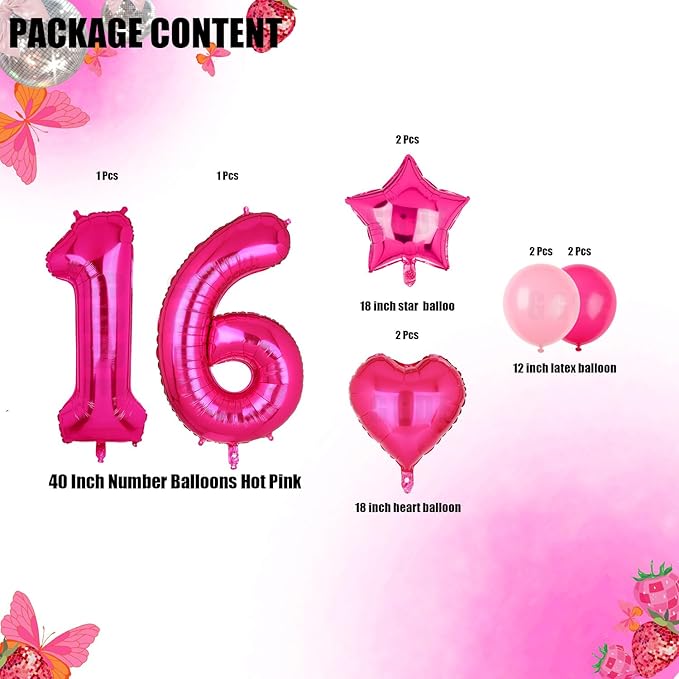 40 Inch Number Balloons Hot Pink 16 Large Number Balloon Anniversary Event Celebration Bachelorette Cowgirl Let's Go Girls Pink Themed 16th Birthday Party Decor Supplies 10 Pcs
