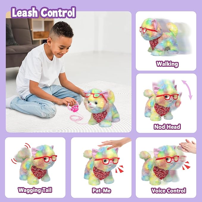YH YUHUNG Walking Robot Cat Toy for Kids 3+, Remote Leash Controller — Rainbow Plush Kitty That Walks, Meows & Wags Tail, Vet Playset Accessories, Soft Fur, Battery-Powered