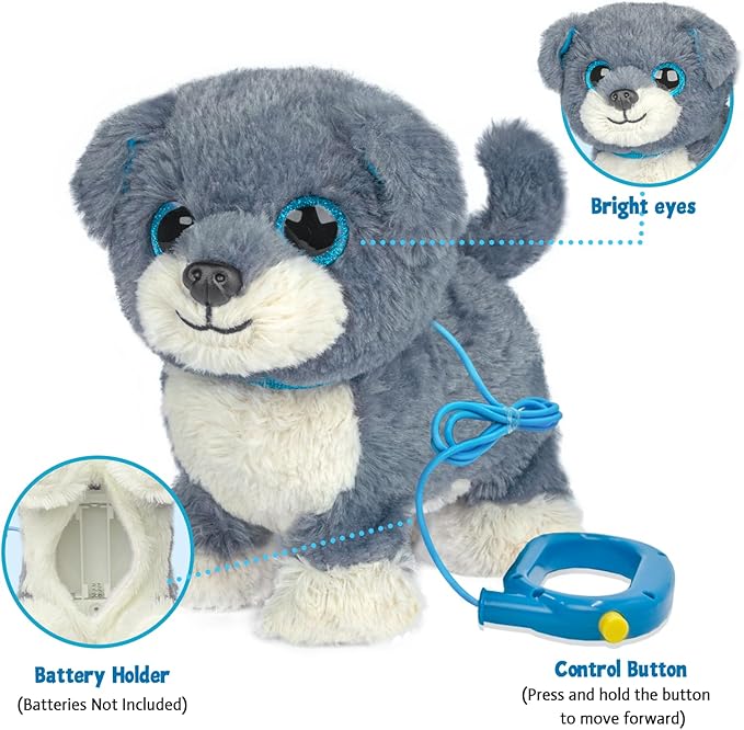 YH YUHUNG Interactive Walking Dog Toy with Leash, Grey Puppy with Blue Ears, Electronic Barking & Tail Wagging Robot Pet, Realistic Stuffed Animal Gift for Kids Boys Girls 3+ (Grey/Blue)