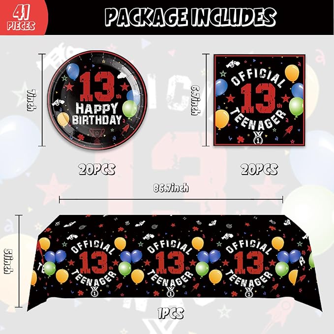 41pcs 13th Red and Black Birthday Party Supplies,include 20 Dessert Plates, 20 Napkin and 1pcs Tablecloth,Used for 13th Red and Black Party Decoration
