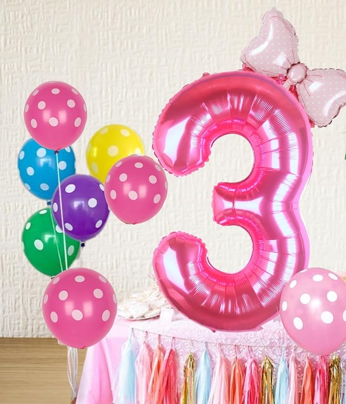 40 Inch Pink Number 3 Balloon with Mini Bow Balloon for Girls 3rd Birthday Decorations, Pink Girl Mouse Princess Western Cowgirl Theme Birthday Party Balloons Decorations Supplies