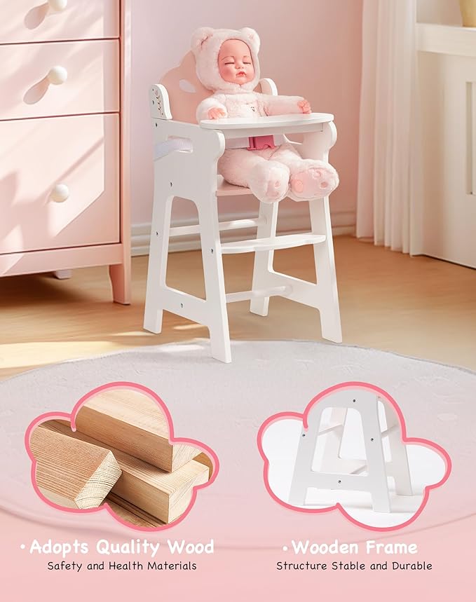 ROBUD Baby Doll High Chair, Pretend Play High Chair with Seat Belt, White Wooden Baby Doll Accessories with Movable Tabletop, Fits 18-20 Inch Dolls, WRP27