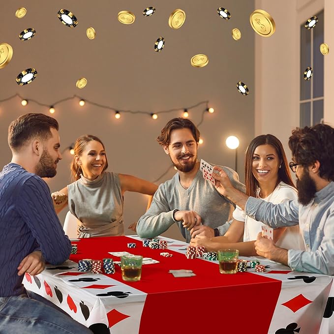 Hosuly 3 Pcs Casino Theme Party Decorations Poker Tablecloth Poker Plastic Disposable Table Cover Casino Theme Tablecloth for Game Birthday Playing Card Party Picnic Supplies, 51 x 108 Inch (Classic)