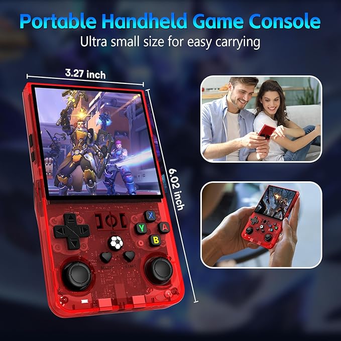 R36MAX Handheld Game Console, Retro Gaming Console with 4000mAh Battery 4.0”IPS Screen, Open Source Linux System, with 64GB TF Card Portable Video Gaming Console, Transparent Ruby