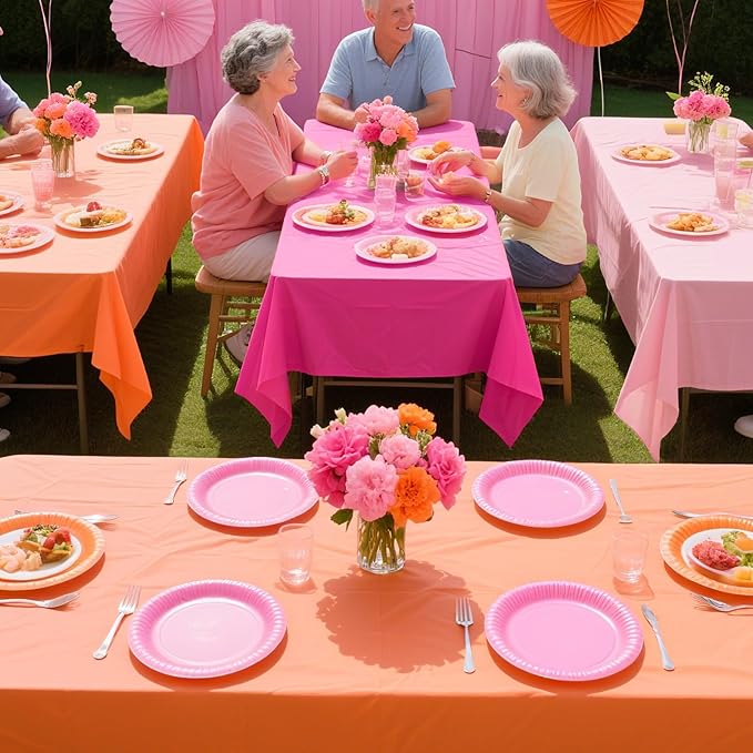 Grencian 3 Pack Pink and Orange Plastic Tablecloth Party Decorations Hot Pink and Orange Disposable Tablecloth Rectangle Table Cloth for Tequila Sunrise Sunset Birthday Party Decorations 54x108 Inch