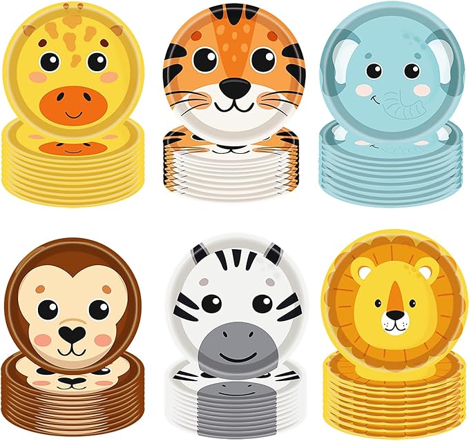 60Pcs Jungle Safari Paper Plates Zoo Animal Print Party Supplies 7" Animal Shaped Plates Safari Theme for Baby Shower Jungle Animal Theme Birthday Party Decorations