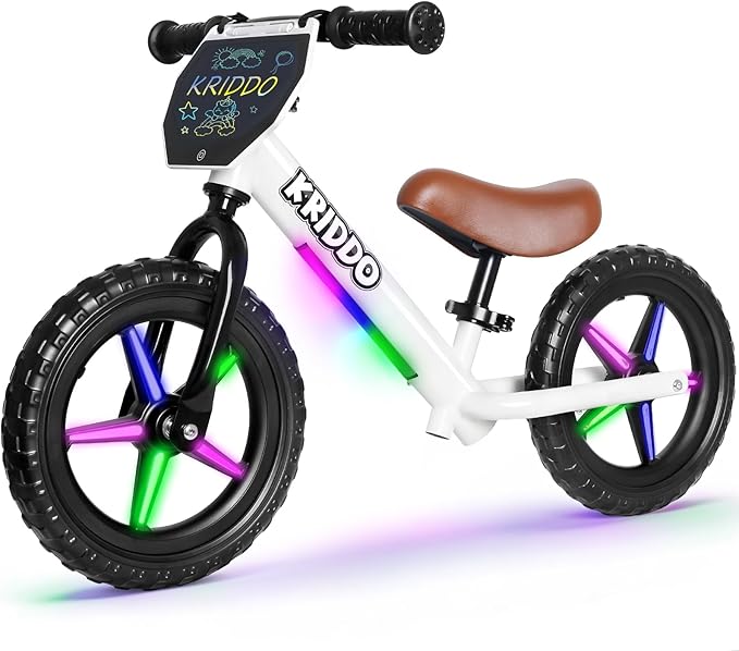 KRIDDO Toddler Balance Bike 2 Years Old, 12-Inch Colorful Lighting-Up Push Bicycle with LCD Writing Tablet, Steady Balancing, Gift Bike for 2-5 Boys Girls, LED-White