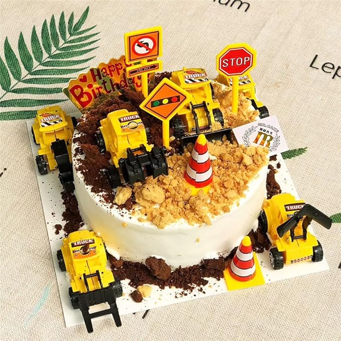 Construction Cake Topper Large Crane Excavator Traffic Road Sign Cake Toppers Construction Birthday Party Supplies Cake Decorating Supplies Kit Construction Toys Birthday Party Favors for Kids Boys