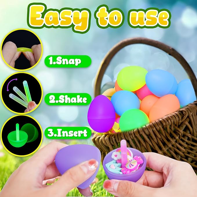 MGparty Glow in The Dark Easter Egg Hunt Set - 144 Fillable Plastic Eggs with 288 Mini Glow Sticks for Kids - Easter Basket Stuffers, Party Favors, Classroom Prizes, and Game Supplies