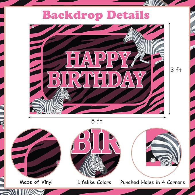 Zebra Birthday Decorations for Women Pink Zebra Happy Birthday Banner Backdrop Cake Topper Safari Jungle Theme Bday Party Supplies for Wildlife Animal Supplies