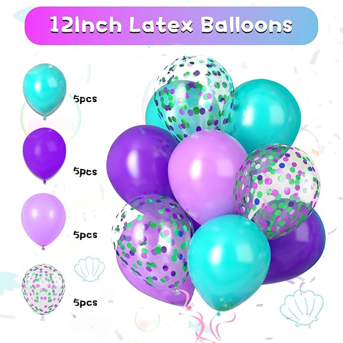 Mermaid Birthday Decorations,Purple Teal Blue Party Decorations for Women Girls with Purple Teal Blue Balloons Happy Birthday Banner Teal Fringe Curtain Tissue Paper Pompoms Star Garland