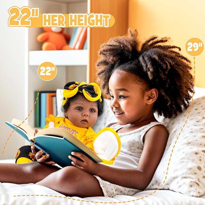 Aori Reborn Baby Dolls Black - 22 Inches Realistic Baby Doll Black American Lifesize Reborn Girls with Hair, Gift Set for Kids 3+, Parents-to-be, Grandparents