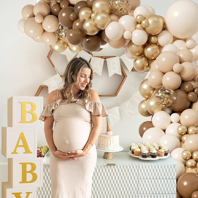 Neutral Baby Shower Decorations, Brown and Gold Balloon Arch Kit With Balloon Boxes Gold Letter for Neutral Bear Baby Shower Boho Gender Reveal Birthday Party Decorations Supplies